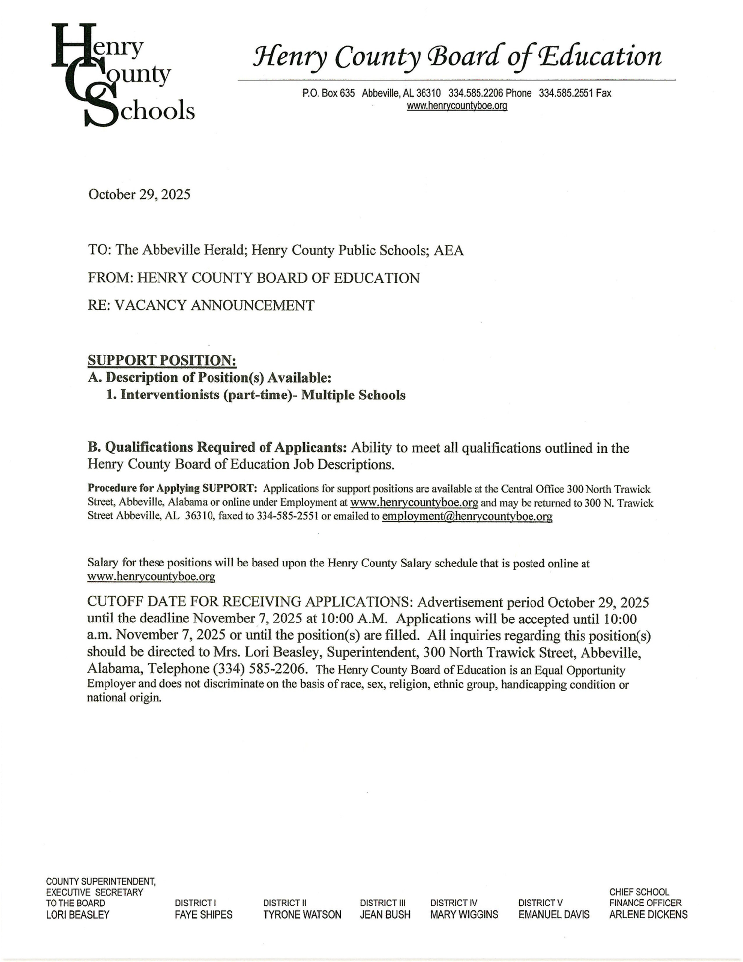 Interventionists (Part-time) needed for Multiple Schools Announcement Fllyer